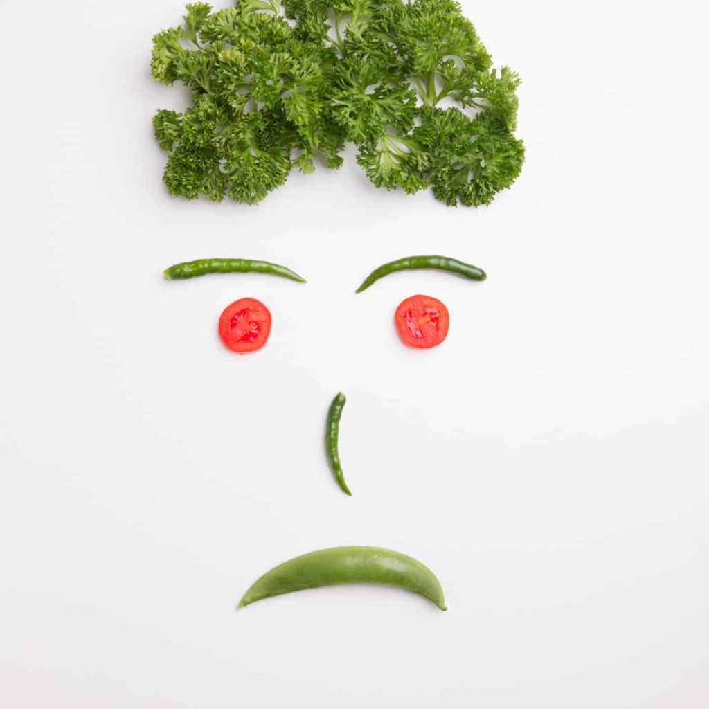 no appetite, unhappy face made of vegetables
