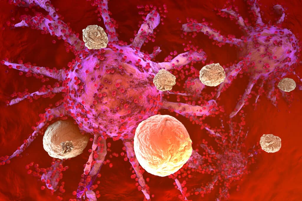 Ilustración en 3D de las células T del sistema inmunitario atacando a las células cancerosas en crecimiento.